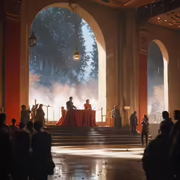 people sitting on the benches in front of an open door and fireworks