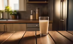 a glass of milk on a wooden table