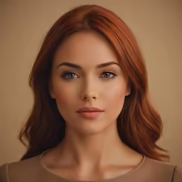an elegant woman with long red hair and green eyes