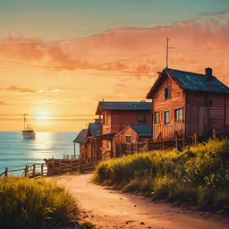a painting of a boat in the water with houses beside it,a painting of a small home at the shore in the sunset