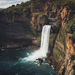 a waterfall coming out of the rocks with a bridge above
