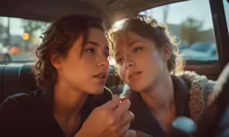 two young women are sitting in the back seat of a car, smoking a cigarette