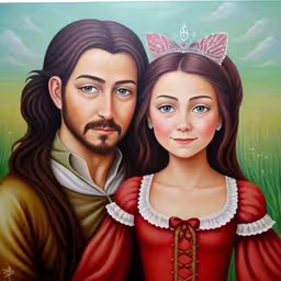 a painting of two people posing together in front of grass,a picture of an illustrated portrait of the princess and prince of england