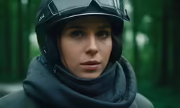 a woman wearing a helmet and scarf, stands in a forest