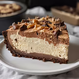 the slice of cake has chocolate, peanut butter and whipped cream on it