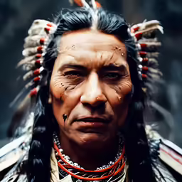 a portrait of a native american man with headdress