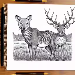 black and white drawing of two deer in front of a lake,a drawing of two deers standing in a field