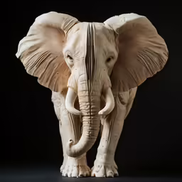 an elephant is on the black floor while its tusks are curled