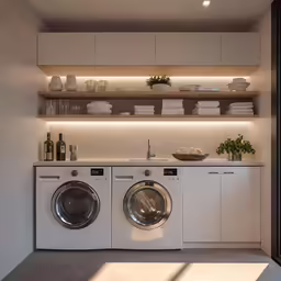 a room that has some kind of kitchen with washers