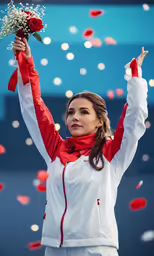 a woman is holding a bouquet of flowers