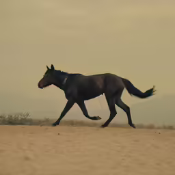 the brown horse is running alone through the field