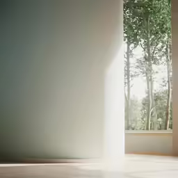 a room with a large window in it and wood floor
