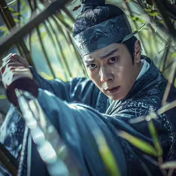 an asian man in a black outfit sitting in a tree branch,a young man dressed in chinese costume looks up at the camera