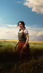 a woman standing in tall grass near an open field