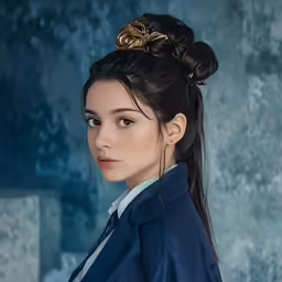 a woman with a gold headpiece wearing a blue dress
