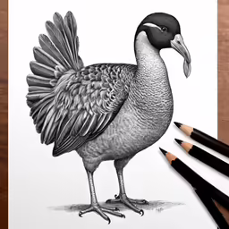 a drawing of a bird with wings, black pencils and paper