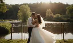 a newly married couple are posing near the lake