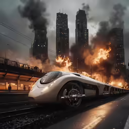 a futuristic train moving through the city with huge buildings in background