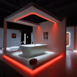 white bathroom with tub in an orange lit room