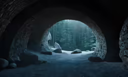 a tunnel way inside a forest filled with rocks and trees