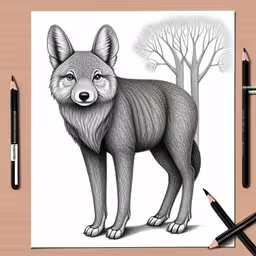 a pencil drawing of a fox with the trees behind him
