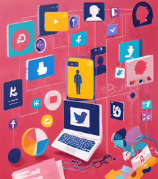 a laptop and various social icon on a red background,the laptop sits in front of a colorful background