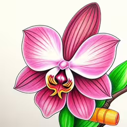 a very pretty big flower with two leaves,a colored drawing of a flower on a white paper