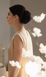 a woman with a birdcage and flowers in the background