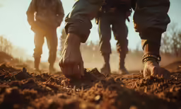 people in military gear dig a field for potatoes