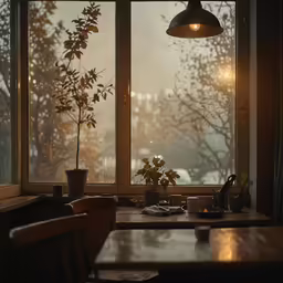 the coffee is sitting on a table in front of the window