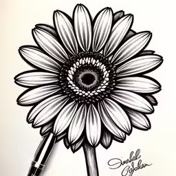 black and white drawing of a sunflower,a pen drawing a flower on paper