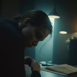 a girl sitting alone in a darkened room looking at something on a desk