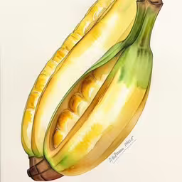 a watercolor drawing of a pair of bananas,a painting of two banana with watercolor effect