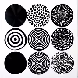 six different circles arranged in a pattern on a white background,a print of nine different circles