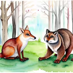 two foxes in the forest looking at each other,a painting of two foxes in a forest,two foxes are standing together in the woods,a painting of two foxes in the forest,a painting of two foxes in the woods