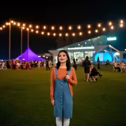 woman with orange sweater and dress in a green field