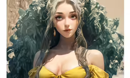 the beautiful woman in a yellow dress is looking off