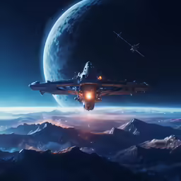 a space ship in the sky above mountains