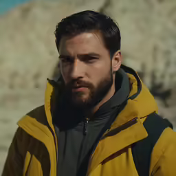 a man with beard and yellow jacket standing near rocks