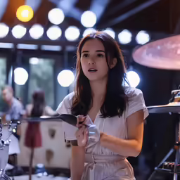 a woman playing drums in a music studio
