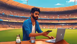 a man at a table working on a laptop computer with a mobile phone,man at table with cell phone and laptop sitting in a stadium