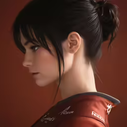 a girl with a ponytail hair style has her face to the left