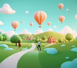 a man and a woman walking down a path into a village and hot air balloons