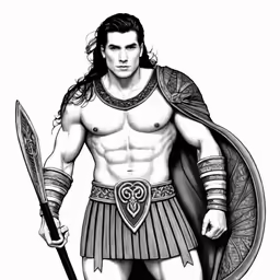 a greek warrior in full armor holding his sword