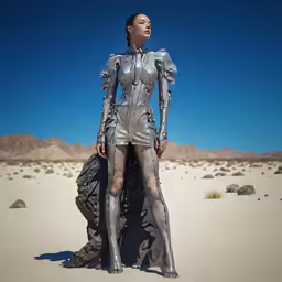 a woman in silver metallic lingerie poses for a photo