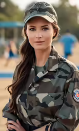 a woman in military clothes poses for a picture