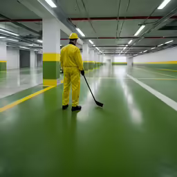 a man is in a building with a broom