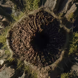 an aerial view of a wood stump with moss growing in it