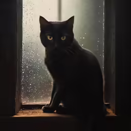 a black cat sitting in the window sill looking out the window
