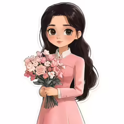 the girl with flowers holding a bouquet
